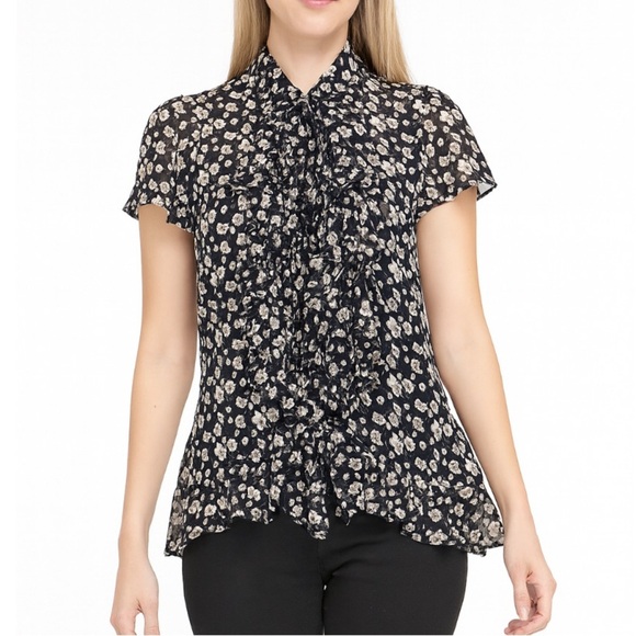 Chaps brand black & white floral print tuxedo ruffle front button up SZ L - Picture 1 of 10